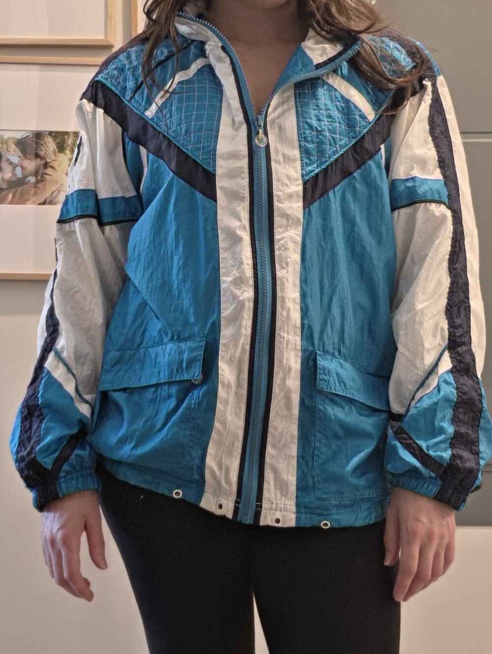 Vintage 80s EVR Colorblock Windbreaker Jacket Large Blue White Navy Retro